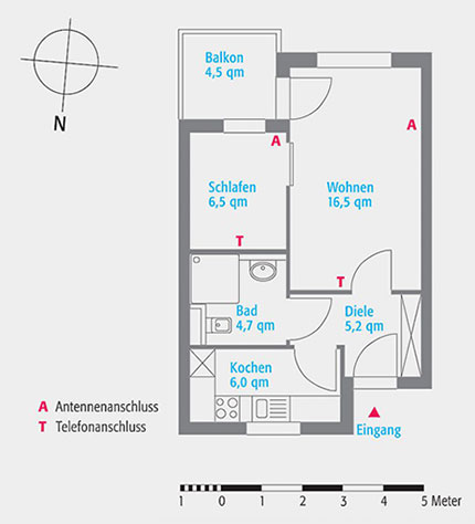 Grundriss eines Zimmers vom Wohnungstyp 1 in der Seniorenwohnanlage Haus am Park in Haan